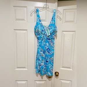 Blue‎ leaves print mini Beach resort summer dress padded bra stretch sz small